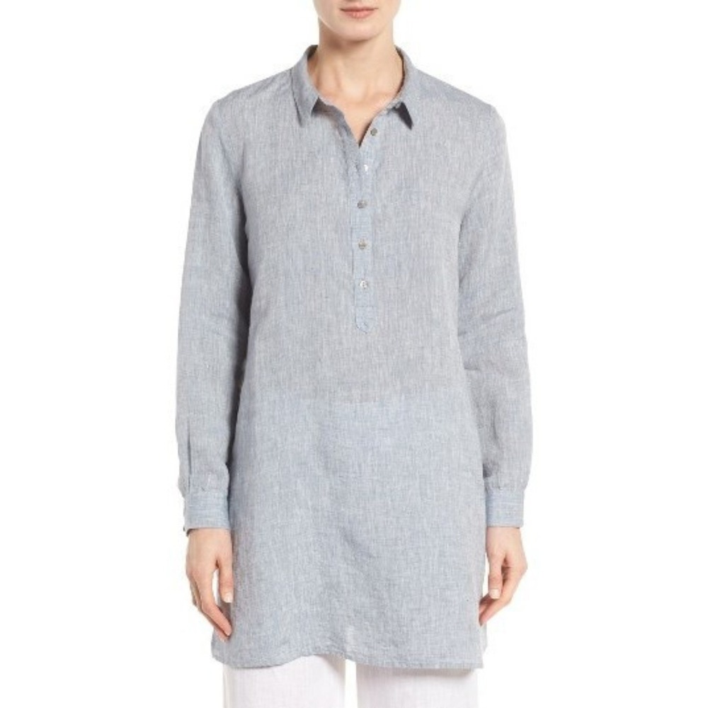 Eileen Fisher Organic Linen Tunic Shirt Womens Medium Minimalist Coastal Gray